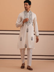 Traditional Embroidered Silk Blend Kurta Set (65KP P 5361 White ) [FF] [P-5]