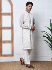 Floral Embroidered Silk Blend Kurta Set (65KP P 5362 Grey ) [FF] [A-1-4]