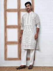 Floral Embroidered Silk Blend Kurta Set (65KP P 5362 Grey ) [FF] [A-1-4]