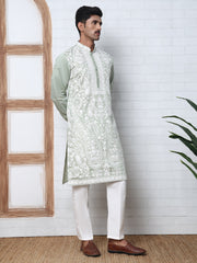 Floral Embroidered Silk Blend Kurta Set ( 65KP P 5362 P 5362Lime ) [FF] [A-1-4]