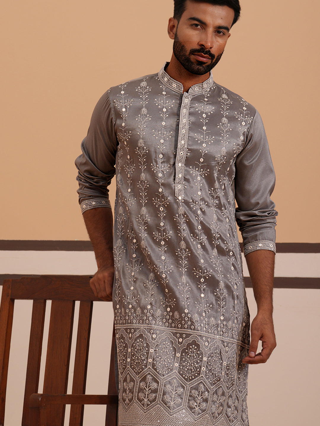 DesiQlo Men Embroidered Kurta Pyjama Set - Grey - 65KP_P_5363Grey_S