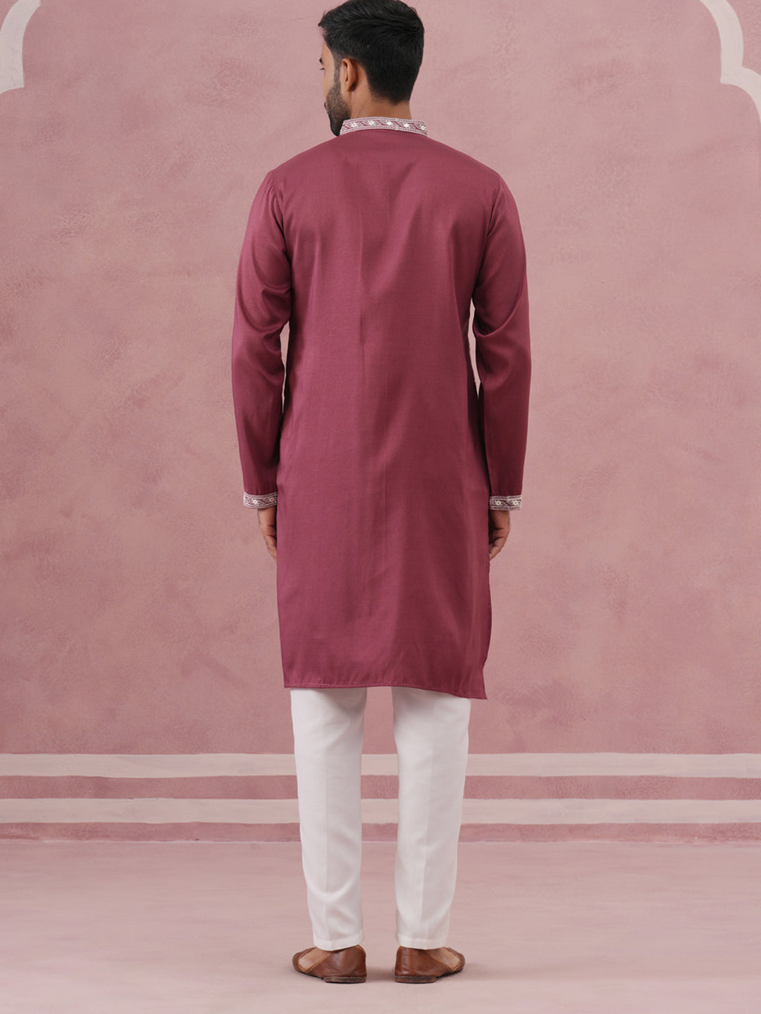 DesiQlo Men Embroidered Kurta Pyjama Set - Maroon - 65KP_P_5363Maroon_