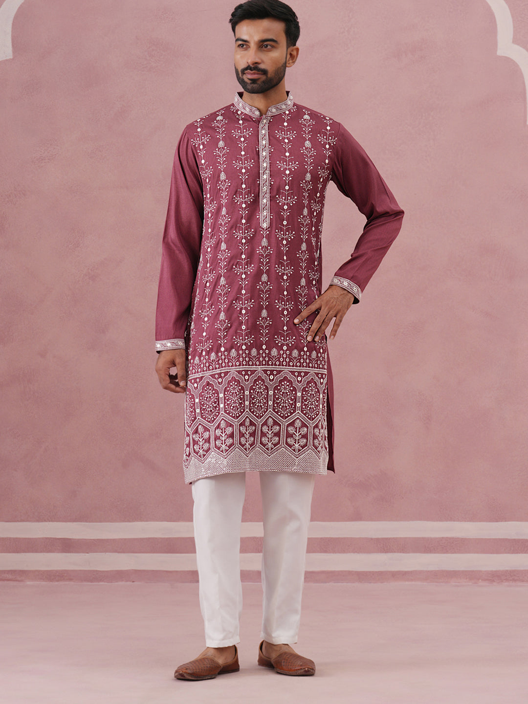 DesiQlo Men Embroidered Kurta Pyjama Set - Maroon - 65KP_P_5363Maroon_