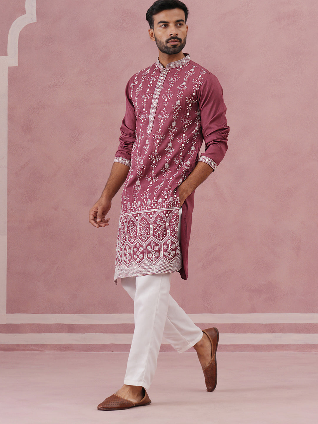 DesiQlo Men Embroidered Kurta Pyjama Set - Maroon - 65KP_P_5363Maroon_