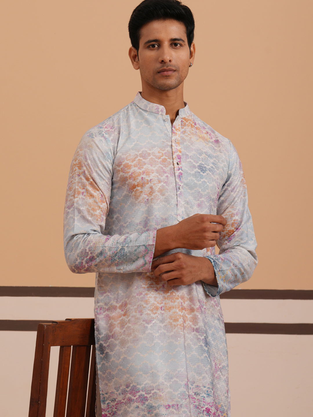 Abstract Printed & Embroidered Kurta Pyjama (65KP P 5364 Blue ) [FF] [Q-8]