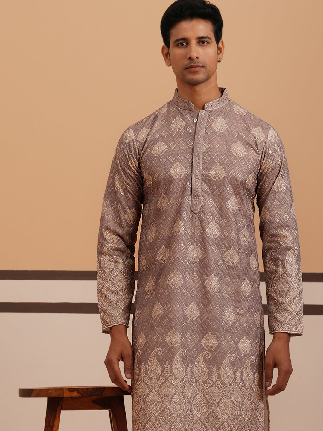 DesiQlo Men Embroidered Kurta Pyjama Set - Grey - 65KP_P_5365Grey_S