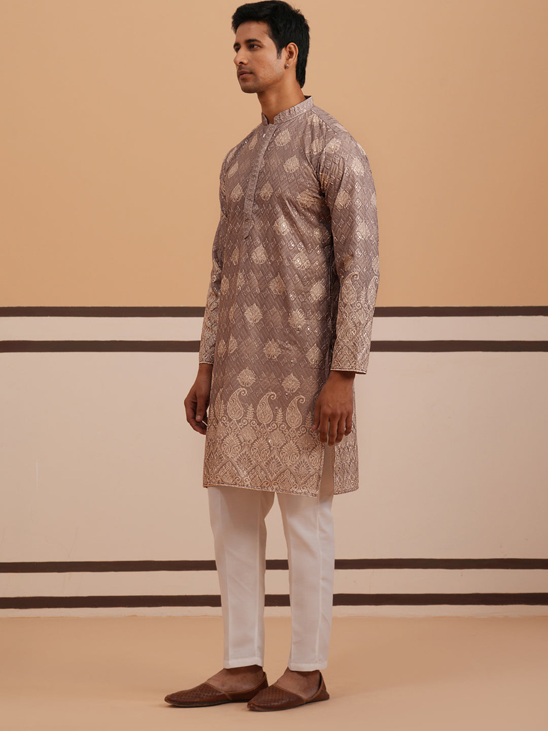 DesiQlo Men Embroidered Kurta Pyjama Set - Grey - 65KP_P_5365Grey_S