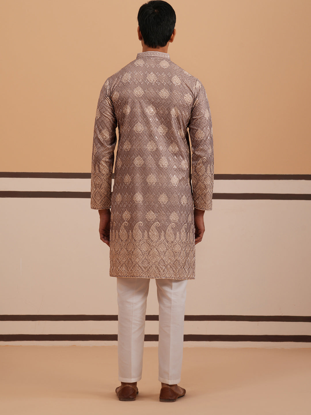 DesiQlo Men Embroidered Kurta Pyjama Set - Grey - 65KP_P_5365Grey_S