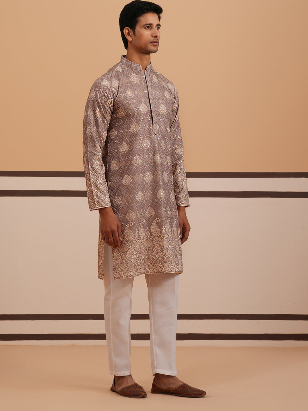 DesiQlo Men Embroidered Kurta Pyjama Set - Grey - 65KP_P_5365Grey_S