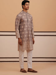Embroidered Cotton-Blend Kurta Pyjama with Paisley Design (65KP P 5365 Grey ) [FF] [Q-12-15]