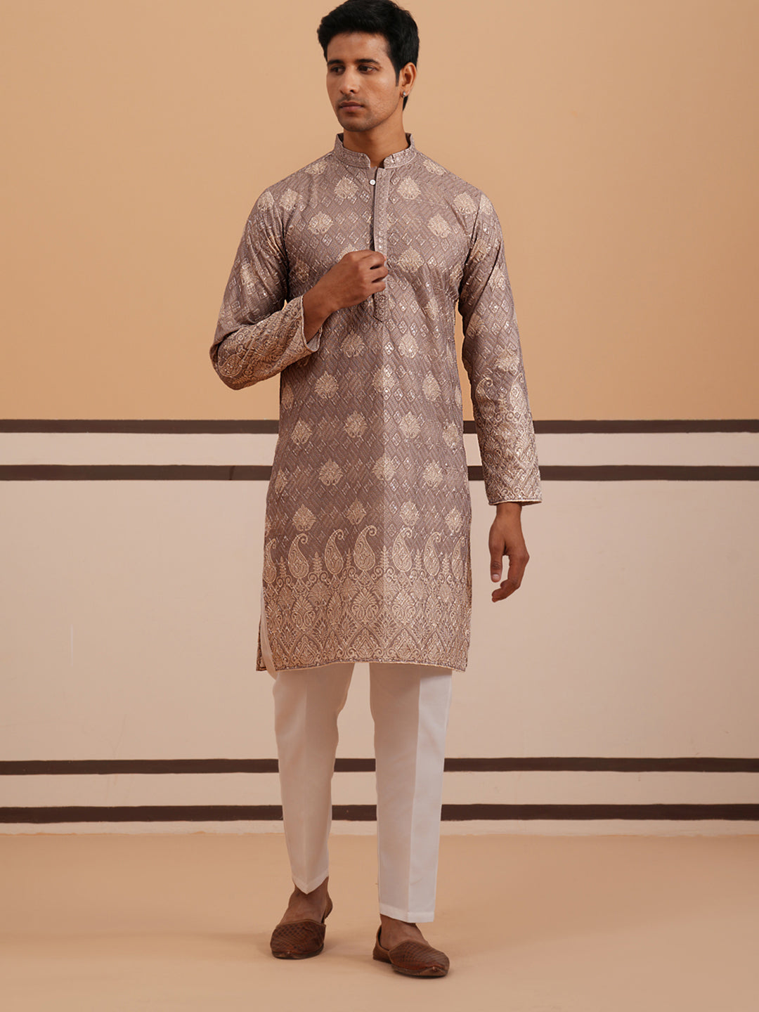 Embroidered Cotton-Blend Kurta Pyjama with Paisley Design (65KP P 5365 Grey ) [FF] [Q-12-15]