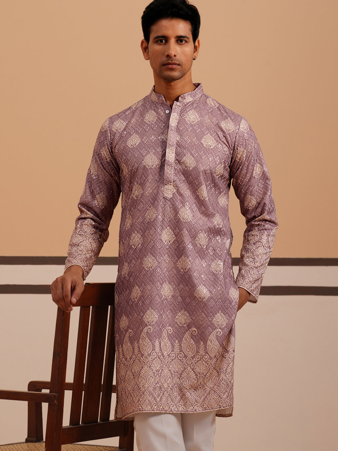 DesiQlo Men Embroidered Kurta Pyjama Set - Pink - 65KP_P_5365Magenta_S
