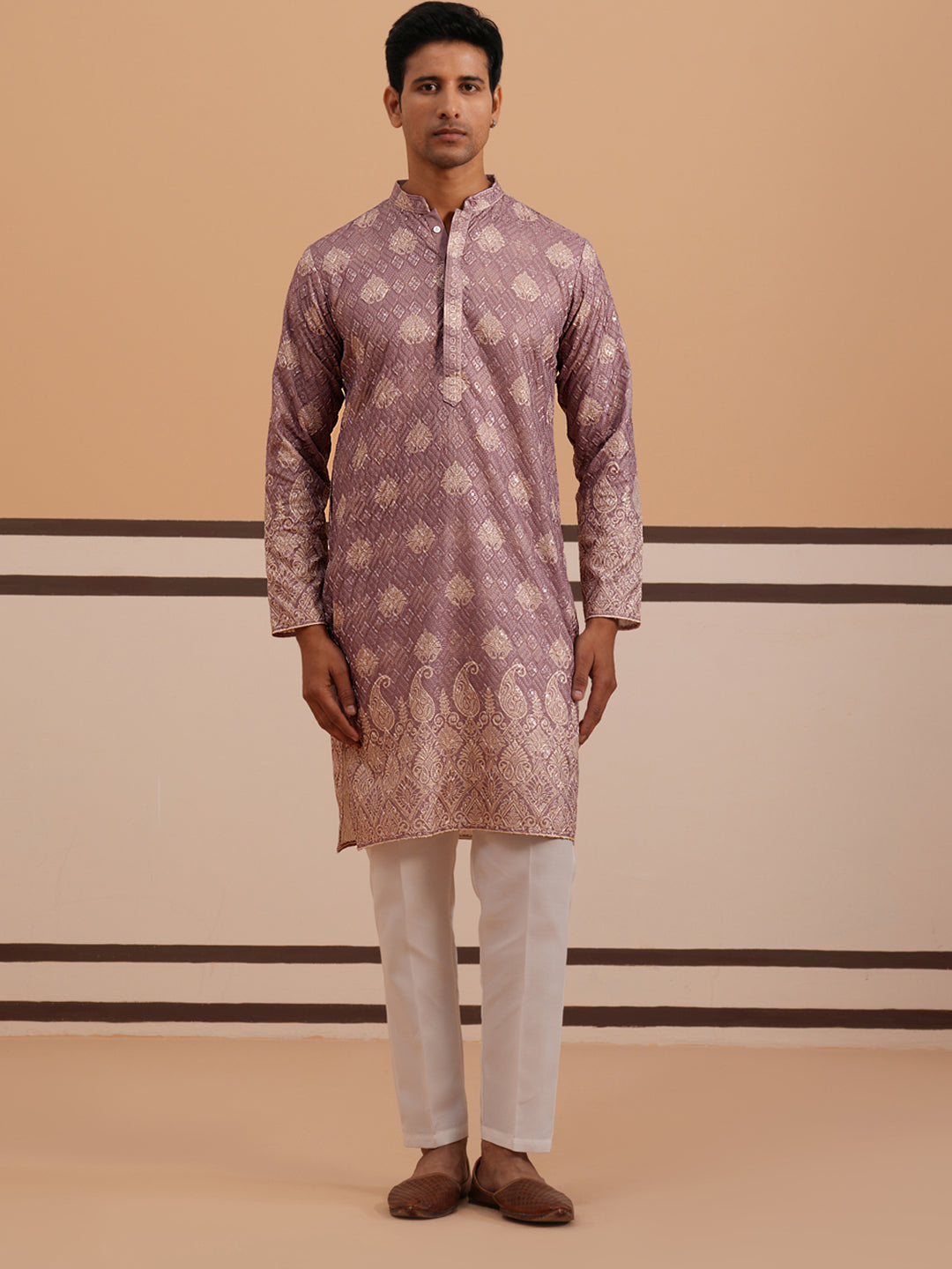 DesiQlo Men Embroidered Kurta Pyjama Set - Pink - 65KP_P_5365Magenta_S