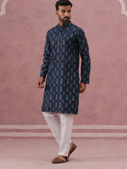 Silk-Blend Foil Printed Festive Kurta Pyjama ( 65KP P 5366 P 5366Navy ) [FF] [A-1-4]
