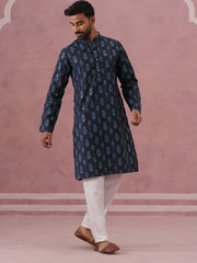 Silk-Blend Foil Printed Festive Kurta Pyjama ( 65KP P 5366 P 5366Navy ) [FF] [A-1-4]