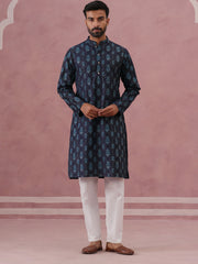 Silk-Blend Foil Printed Festive Kurta Pyjama ( 65KP P 5366 P 5366Navy ) [FF] [A-1-4]