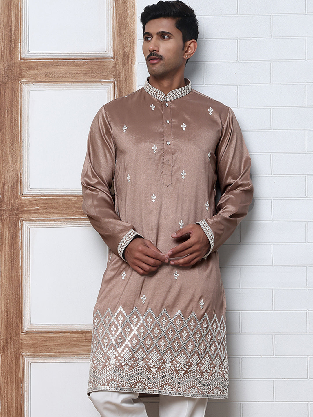 DesiQlo Men Embroidered Kurta Pyjama Set - Brown - 65KP_P_5371Brown_S
