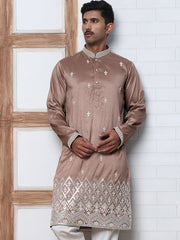 Traditional Silk-Blend Kurta Pyjama with Embroidery (65KP P 5371 Brown ) [FF] [A-1-4]