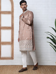 Traditional Silk-Blend Kurta Pyjama with Embroidery (65KP P 5371 Brown ) [FF] [A-1-4]