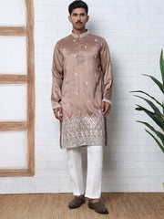 Traditional Silk-Blend Kurta Pyjama with Embroidery (65KP P 5371 Brown ) [FF] [A-1-4]