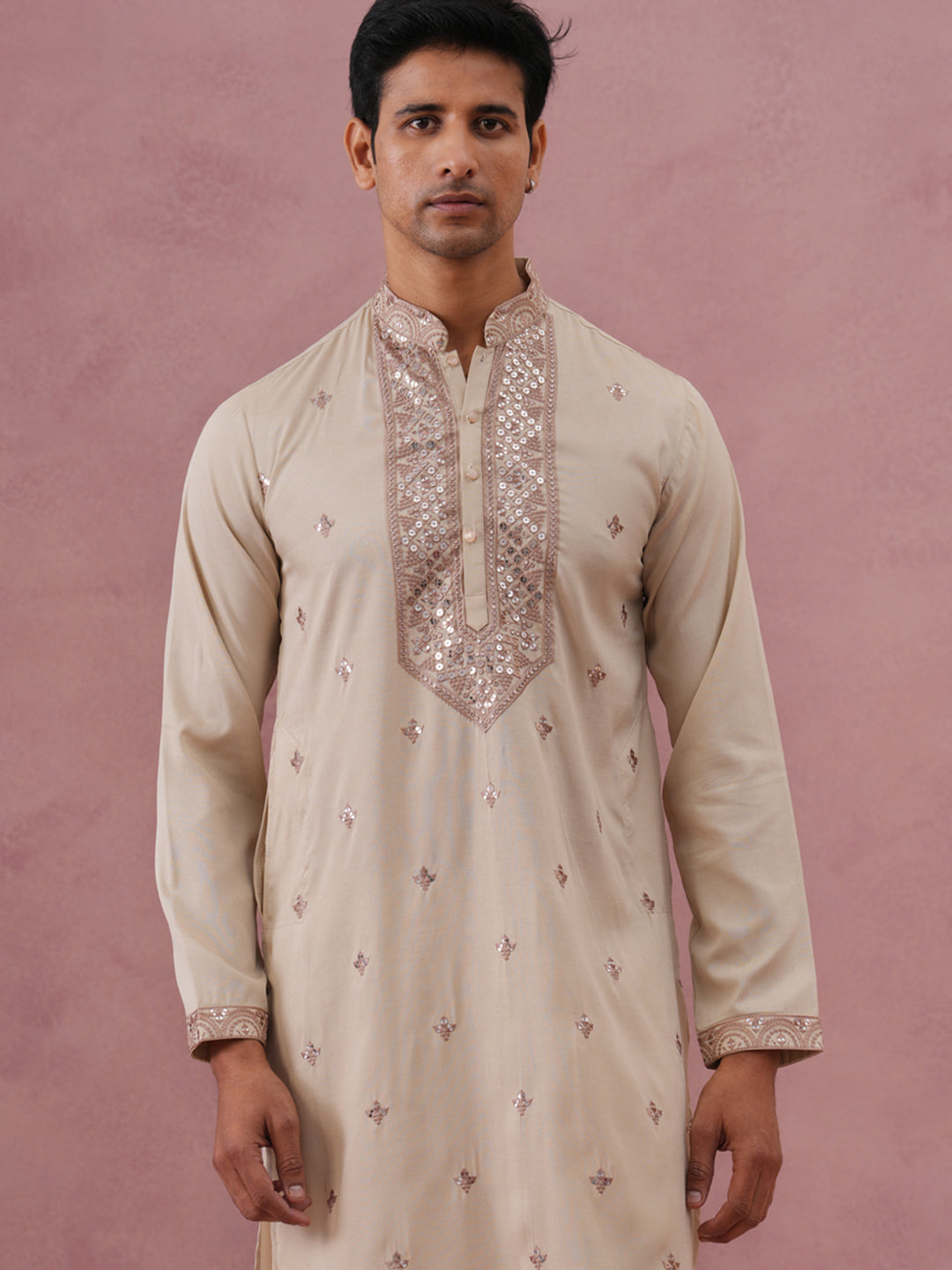 Silk Blend Embroidered Kurta Pyjama Set for Men ( 65KP P 5373 P 5373Cream ) [FF] [P-5]