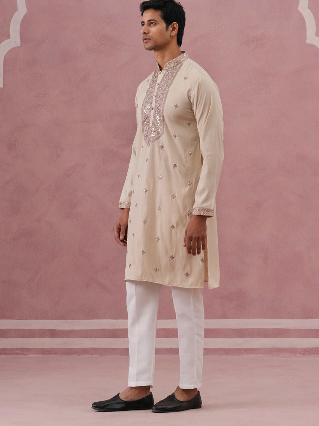 DesiQlo Men Embroidered Kurta Pyjama Set - Beige - 65KP_P_5373Cream_S