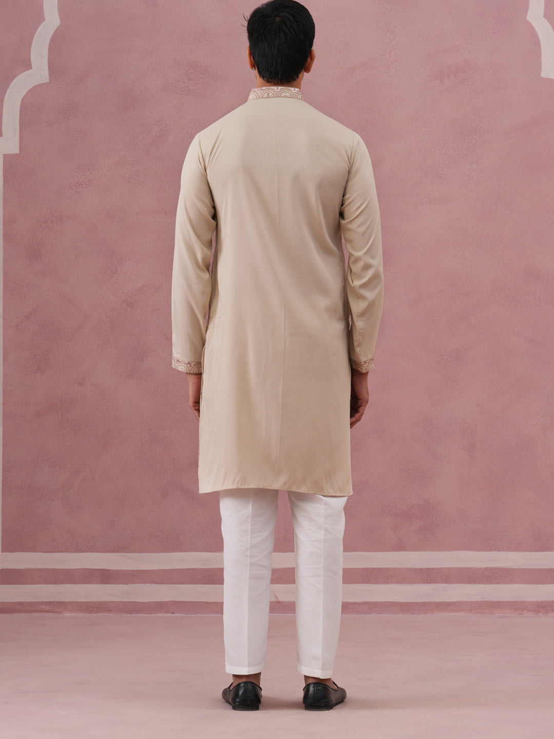 DesiQlo Men Embroidered Kurta Pyjama Set - Beige - 65KP_P_5373Cream_S