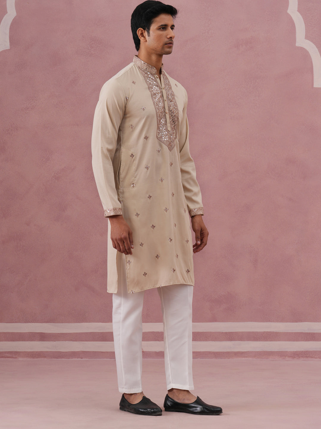 DesiQlo Men Embroidered Kurta Pyjama Set - Beige - 65KP_P_5373Cream_S
