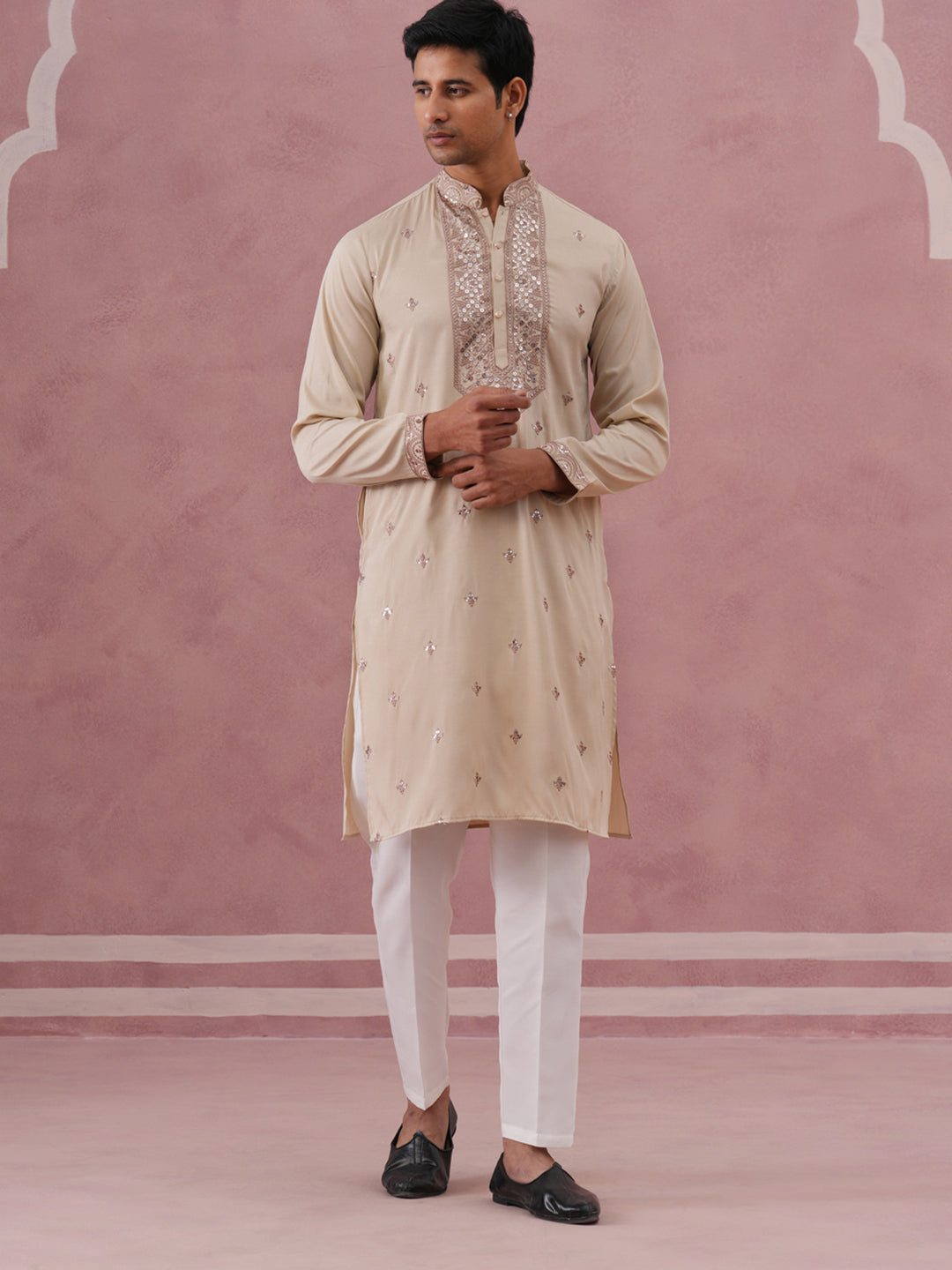 DesiQlo Men Embroidered Kurta Pyjama Set - Beige - 65KP_P_5373Cream_S
