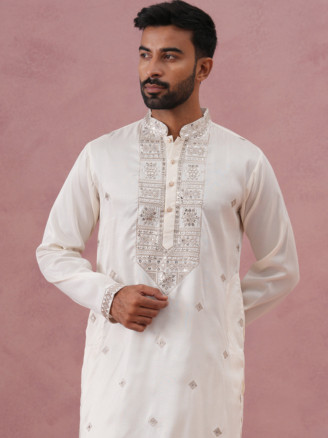 DesiQlo Men Embroidered Kurta Pyjama Set - White - 65KP_P_5373Off-Whit