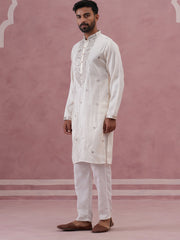 Silk Blend Embroidered Kurta Pyjama Set for Men ( 65KP P 5373 P 5373Off-White ) [FF] [P-5]