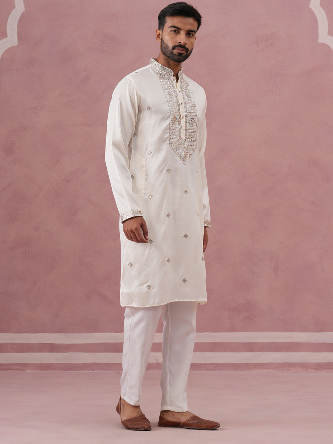 DesiQlo Men Embroidered Kurta Pyjama Set - White - 65KP_P_5373Off-Whit