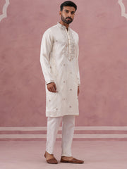 Silk Blend Embroidered Kurta Pyjama Set for Men ( 65KP P 5373 P 5373Off-White ) [FF] [P-5]