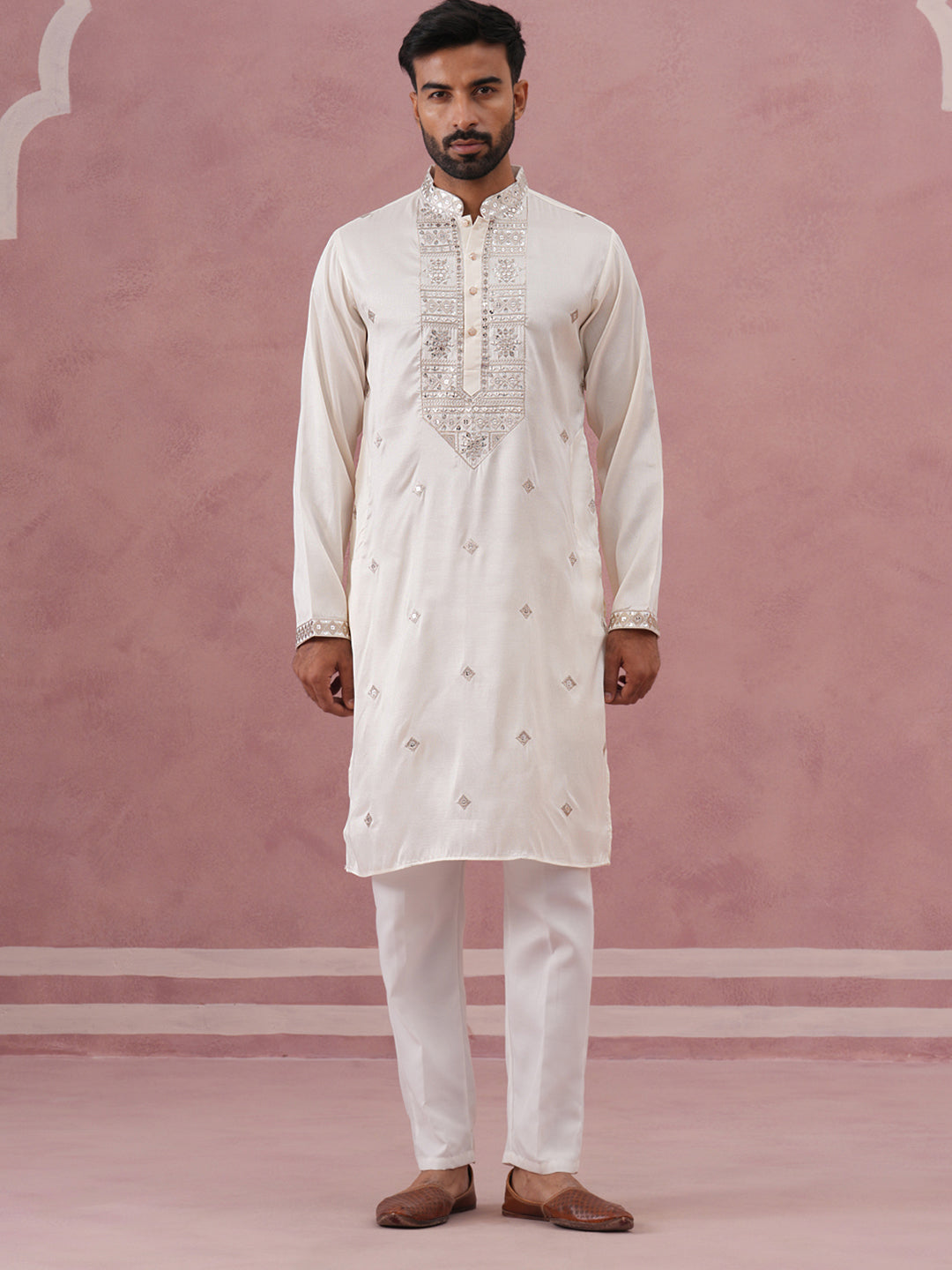 DesiQlo Men Embroidered Kurta Pyjama Set - White - 65KP_P_5373Off-Whit