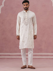 Silk Blend Embroidered Kurta Pyjama Set for Men ( 65KP P 5373 P 5373Off-White ) [FF] [P-5]
