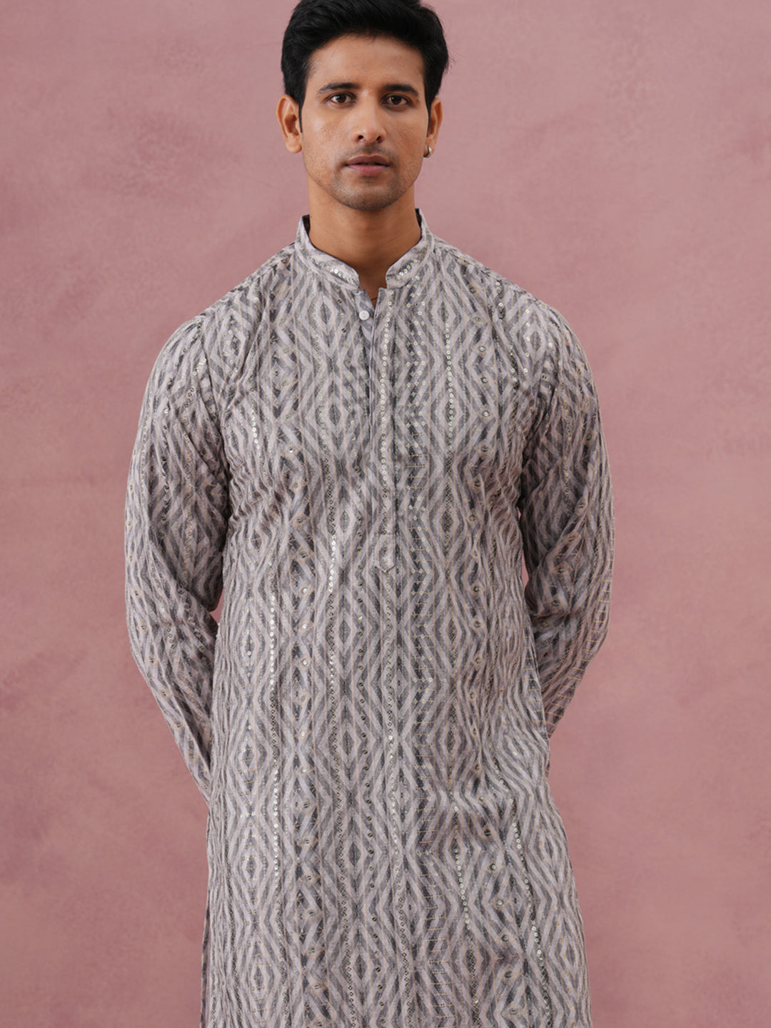 DesiQlo Men Printed Kurta Pyjama Set - Grey - 65KP_P_5379Grey_S