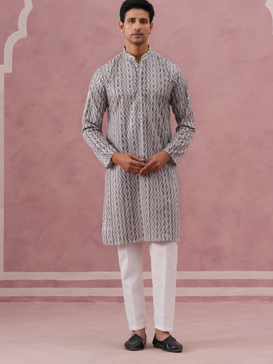 DesiQlo Men Printed Kurta Pyjama Set - Grey - 65KP_P_5379Grey_S