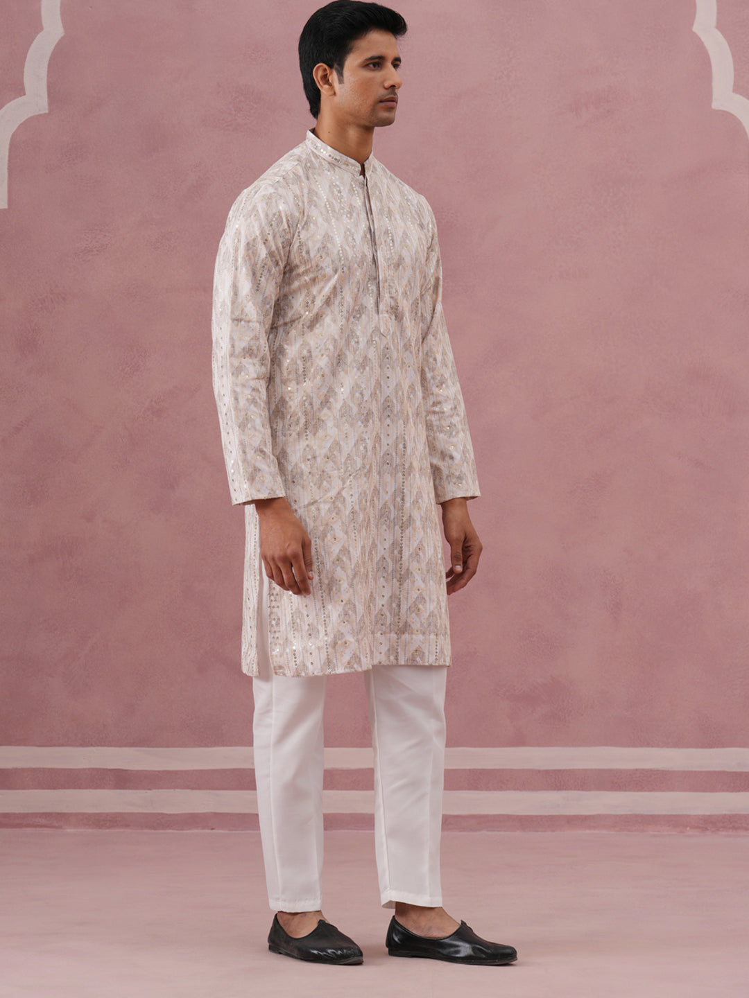 DesiQlo Men Printed Kurta Pyjama Set - Orange - 65KP_P_5379Peach_S