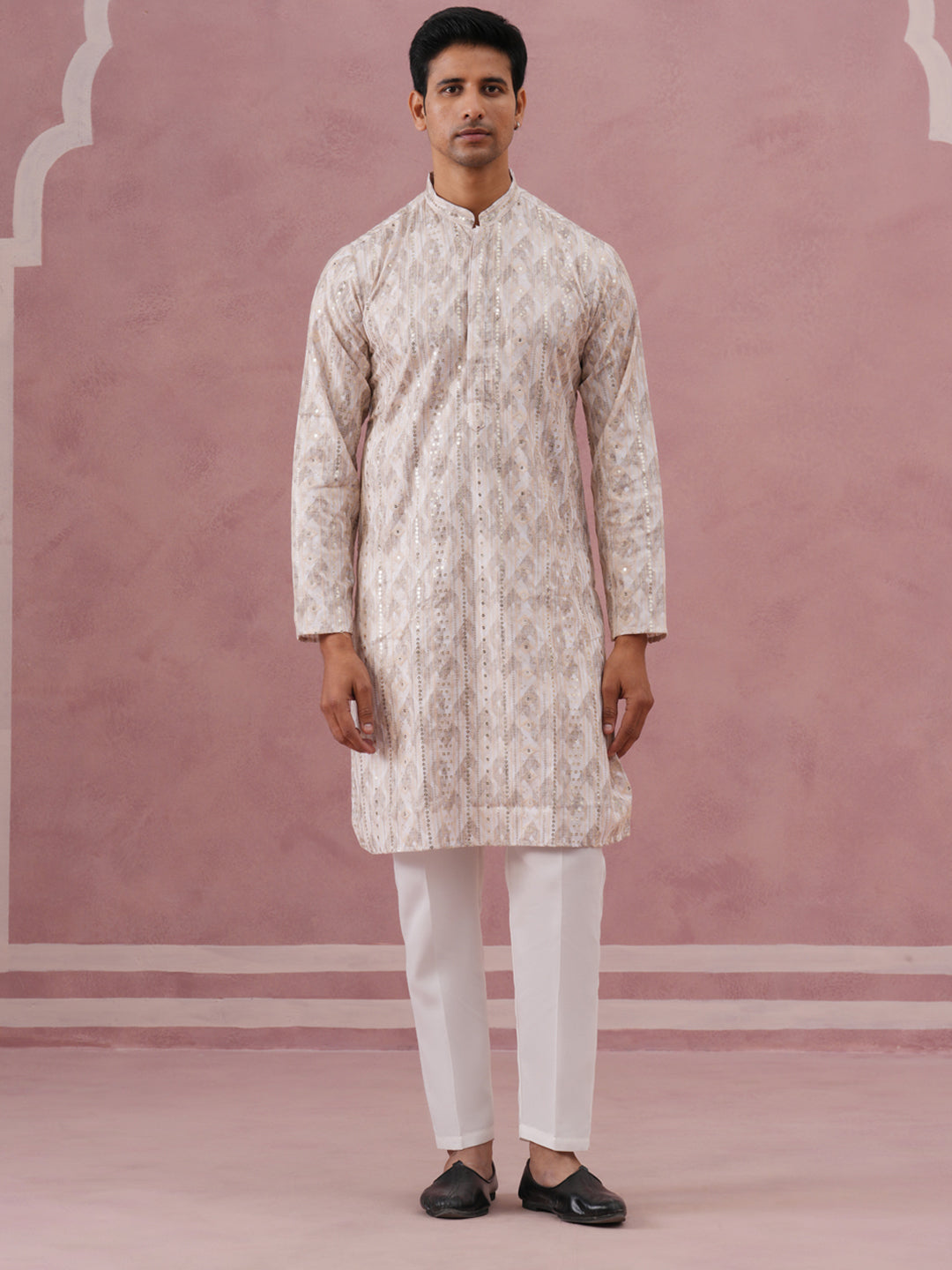 DesiQlo Men Printed Kurta Pyjama Set - Orange - 65KP_P_5379Peach_S