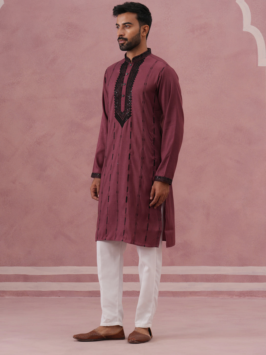 DesiQlo Men Embroidered Kurta Pyjama Set - Maroon - 65KP_P_5380Maroon_