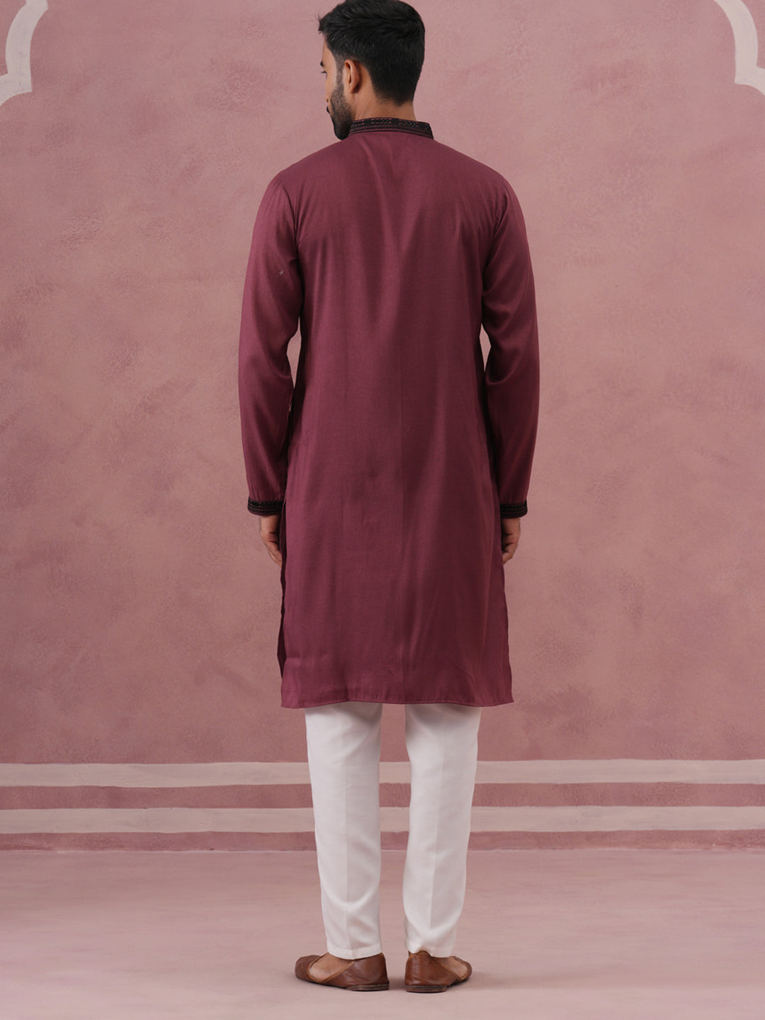 DesiQlo Men Embroidered Kurta Pyjama Set - Maroon - 65KP_P_5380Maroon_