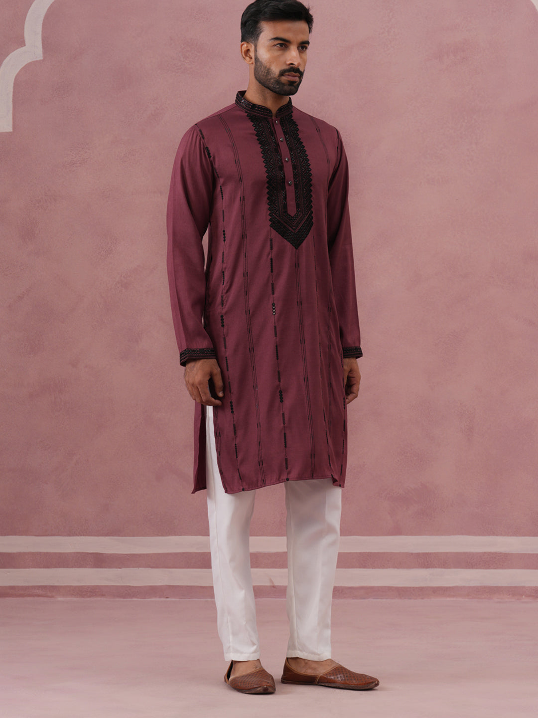 DesiQlo Men Embroidered Kurta Pyjama Set - Maroon - 65KP_P_5380Maroon_