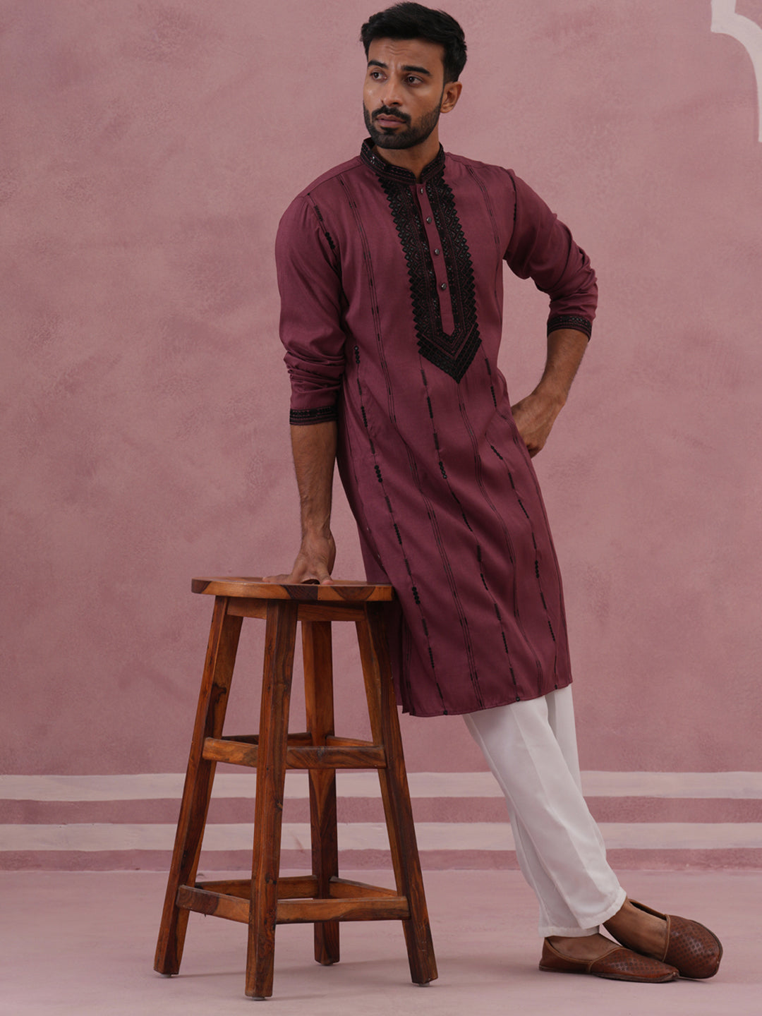 Wine Silk Blend Kurta Set with Black Geometric Embroidery ( 65KP P 5380 P 5380Maroon ) [FF] [P-5]