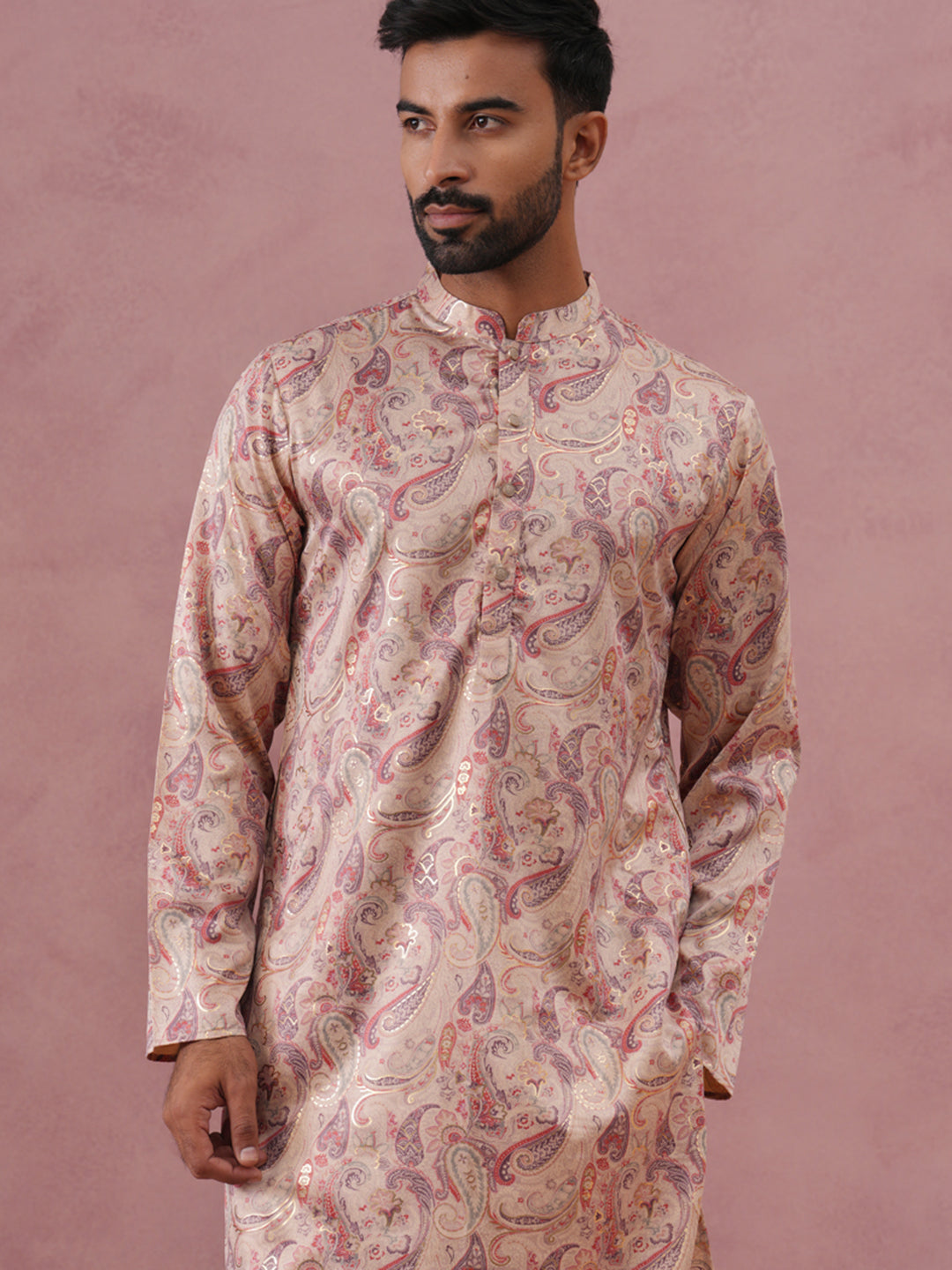 DesiQlo Men Printed Kurta Pyjama Set - Beige - 65KP_P_5383Cream_S