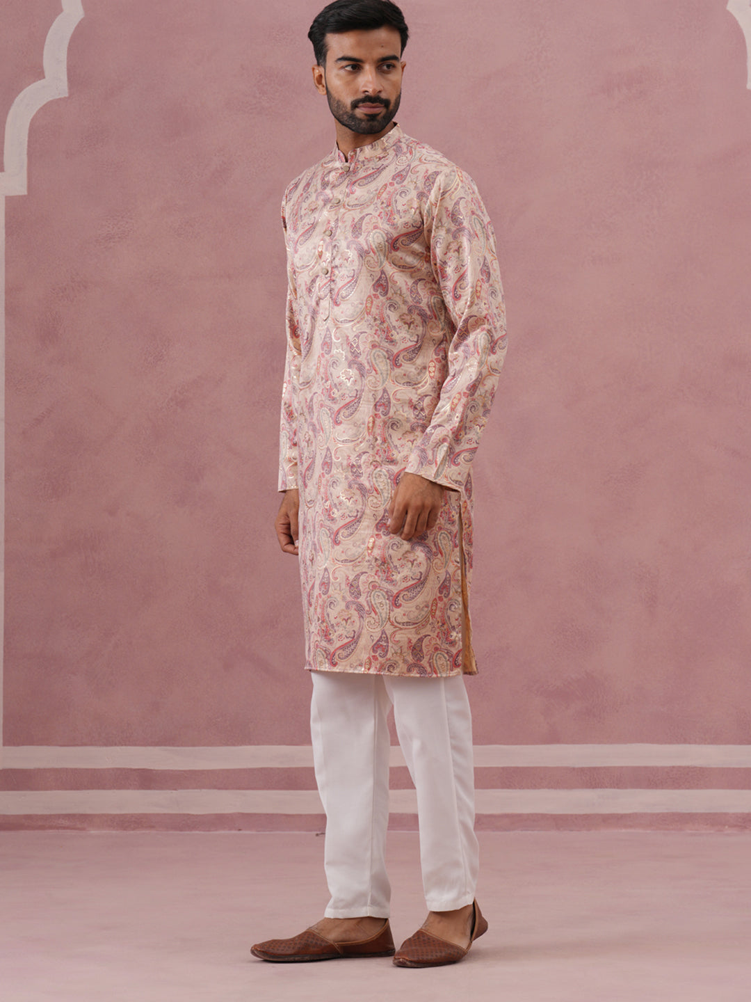 DesiQlo Men Printed Kurta Pyjama Set - Beige - 65KP_P_5383Cream_S