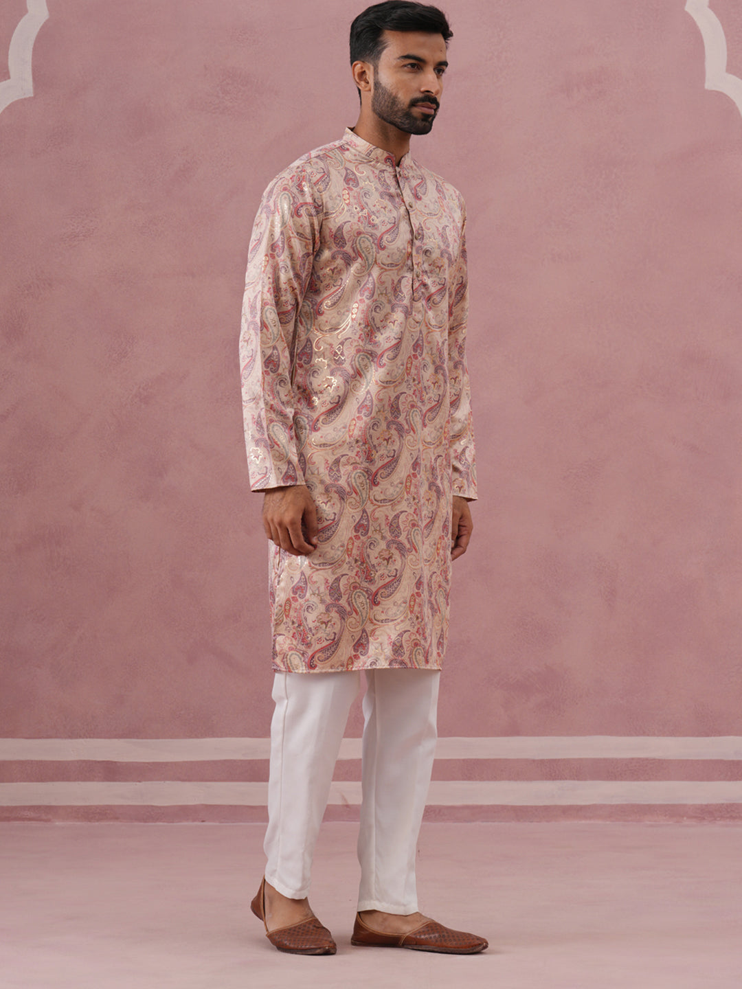 DesiQlo Men Printed Kurta Pyjama Set - Beige - 65KP_P_5383Cream_S
