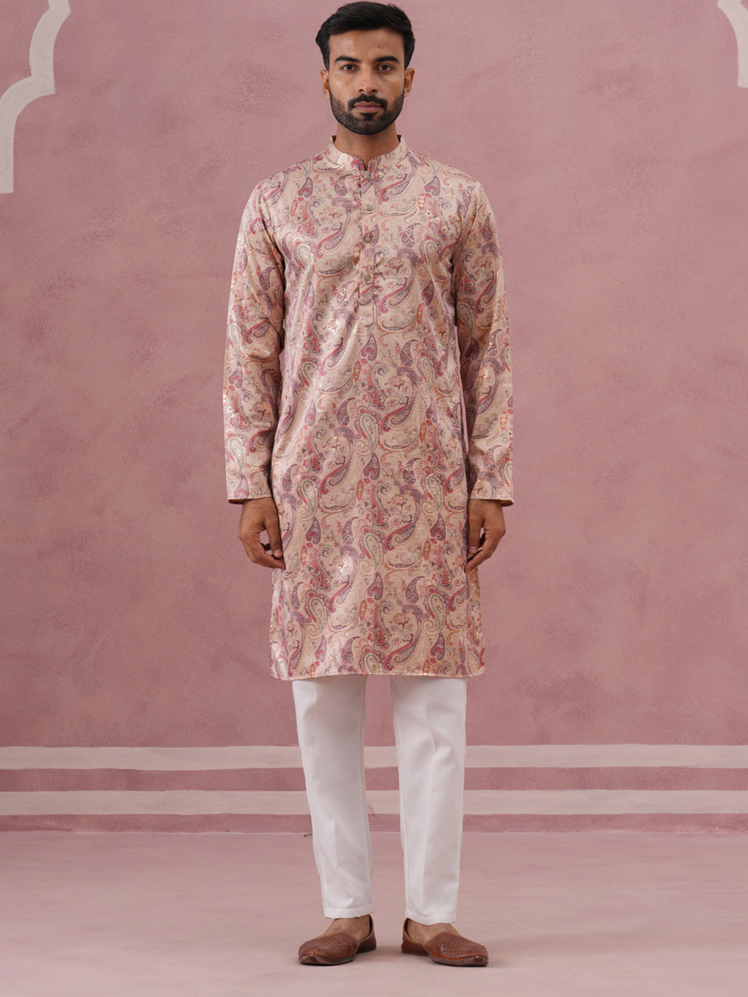 DesiQlo Men Printed Kurta Pyjama Set - Beige - 65KP_P_5383Cream_S