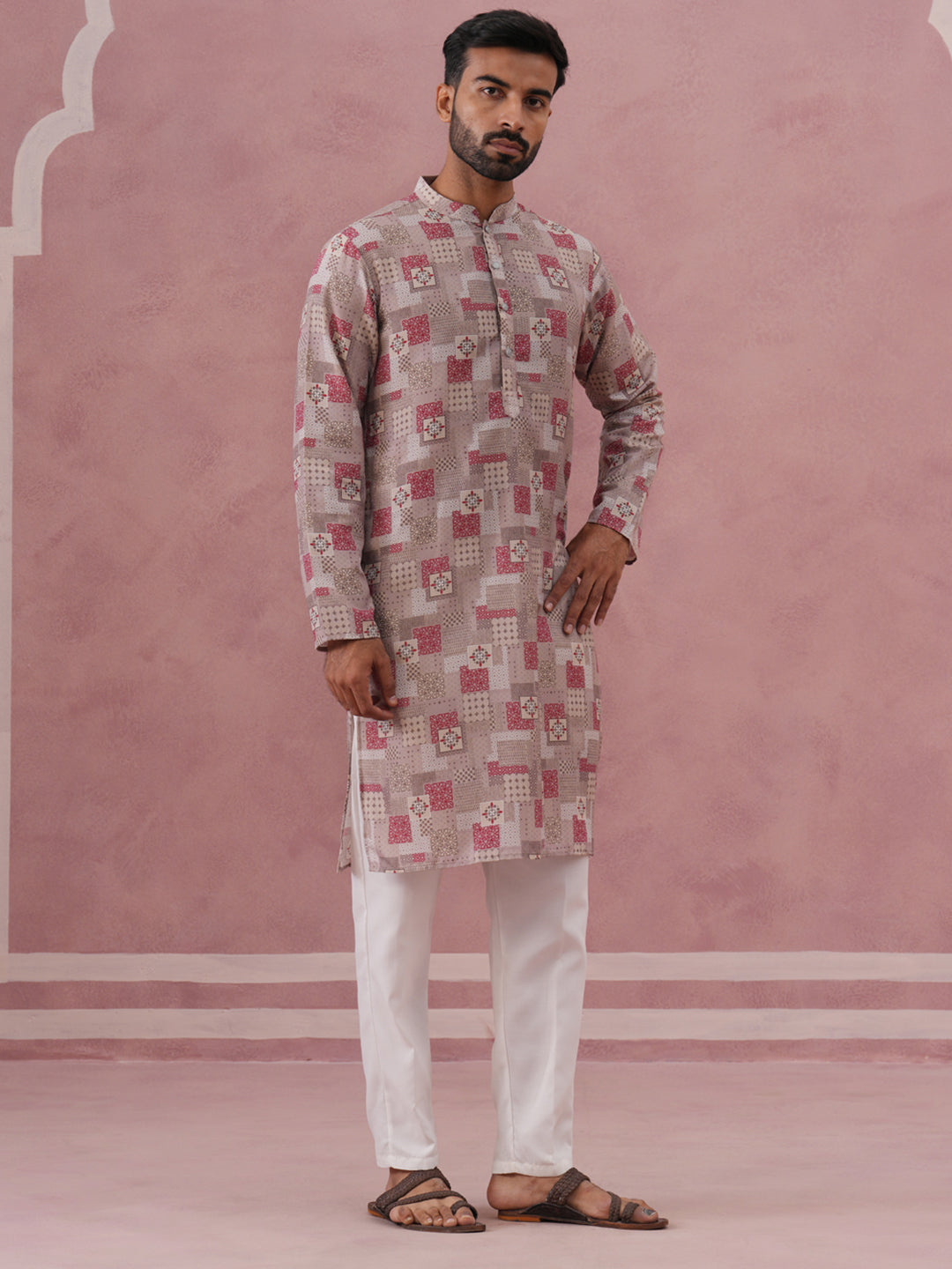 DesiQlo Men Printed Kurta Pyjama Set - Brown - 65KP_P_5384Brown_S