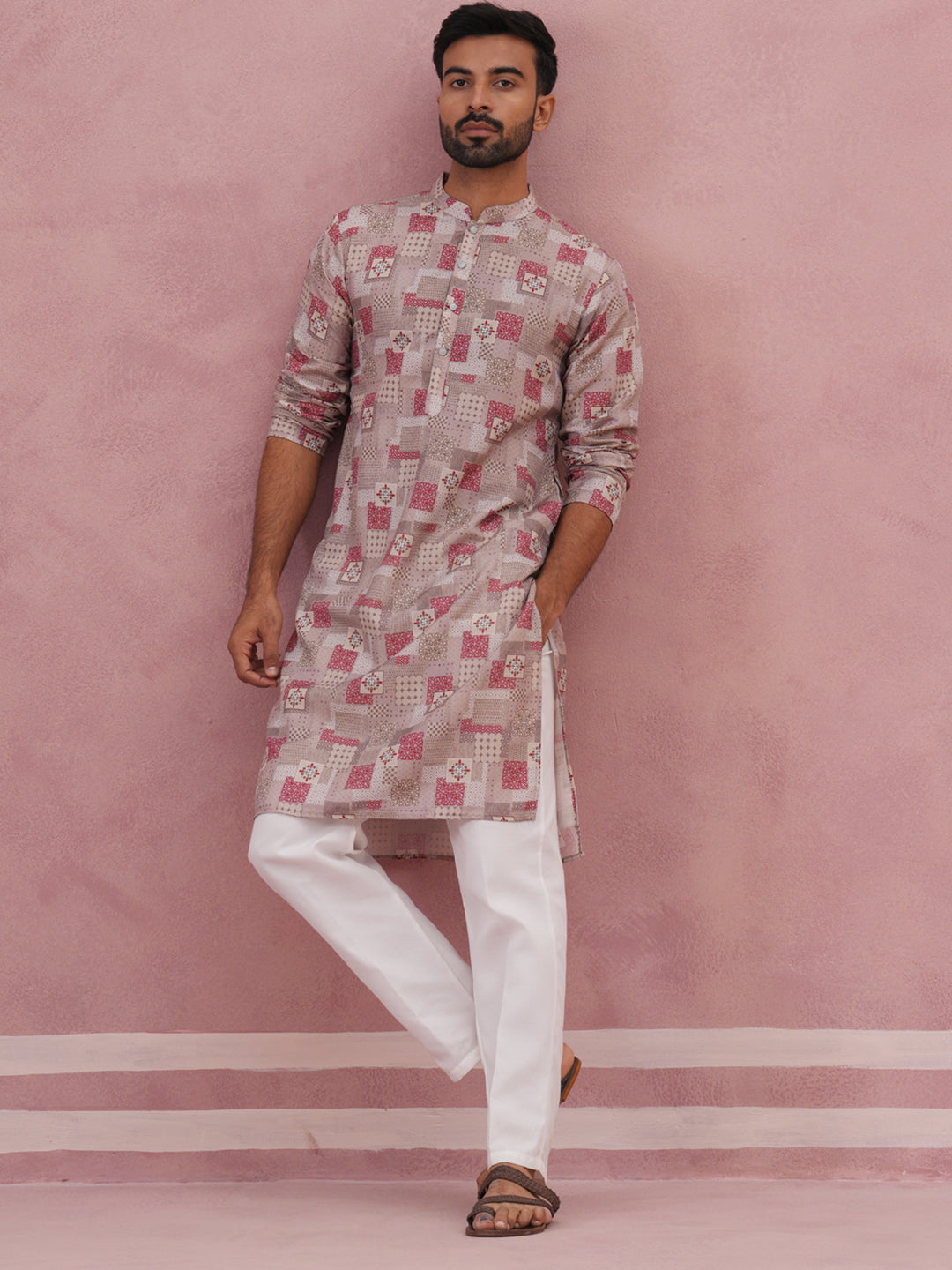DesiQlo Men Printed Kurta Pyjama Set - Brown - 65KP_P_5384Brown_S