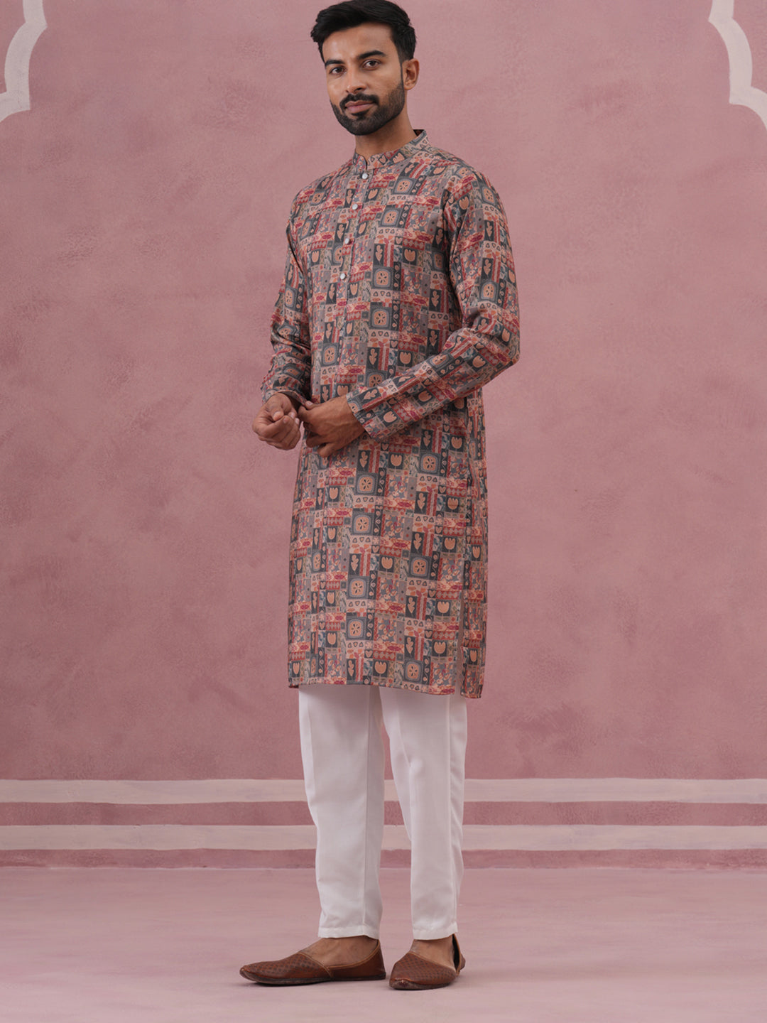 DesiQlo Men Printed Kurta Pyjama Set - Grey - 65KP_P_5384Grey_S